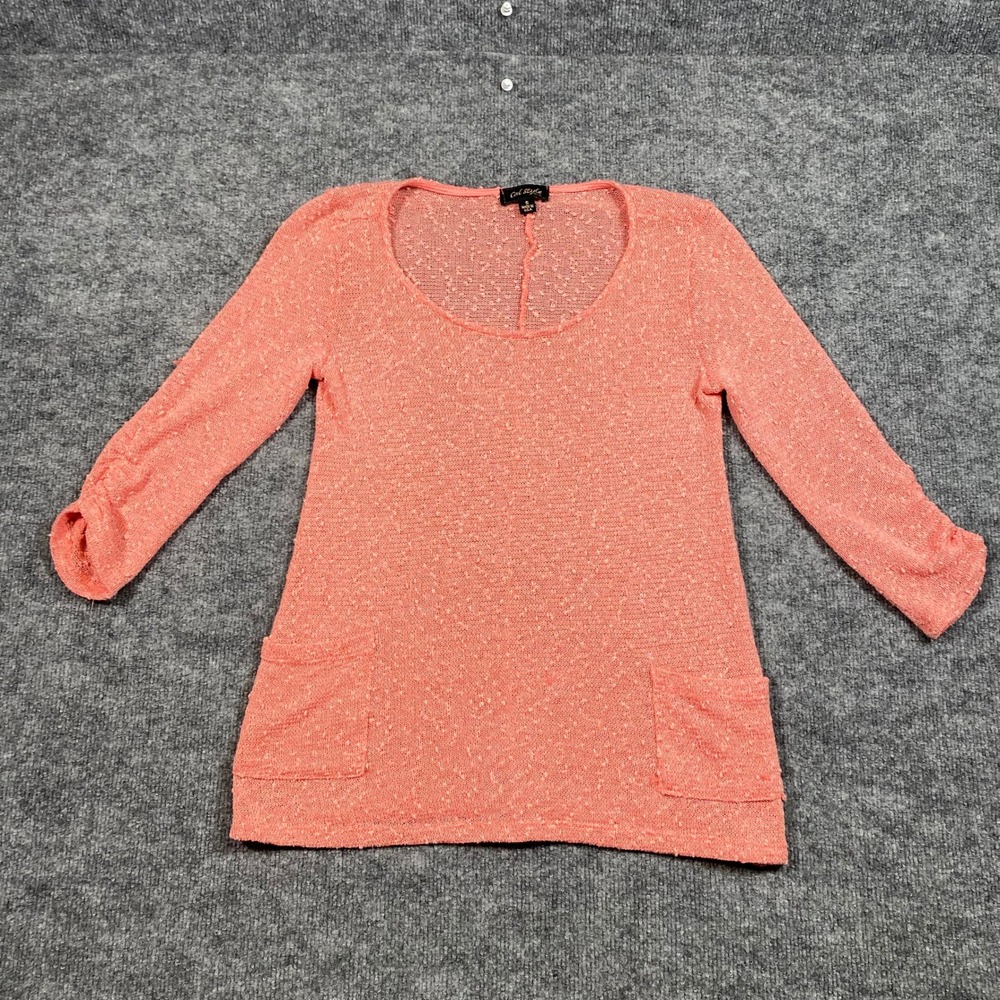 Cal Style Womens Small Coral Pink Textured Slub Knit‎ Scoop Neck 3/4 Sleeve Top